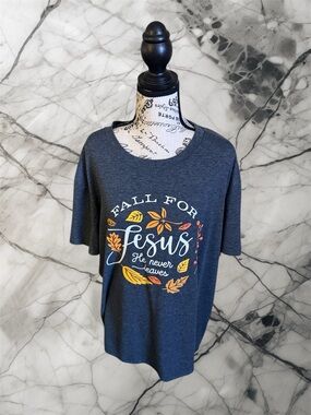 Fall For Jesus Graphic Tee - Heather Navy with Autumn Leaves